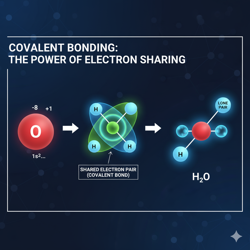 Since covalent bonding is about the sharing of electrons, this image should clearly show the overlap of electron clouds and the shared pair of electrons forming a stable bond, such as in a simple molecule like water H2O.