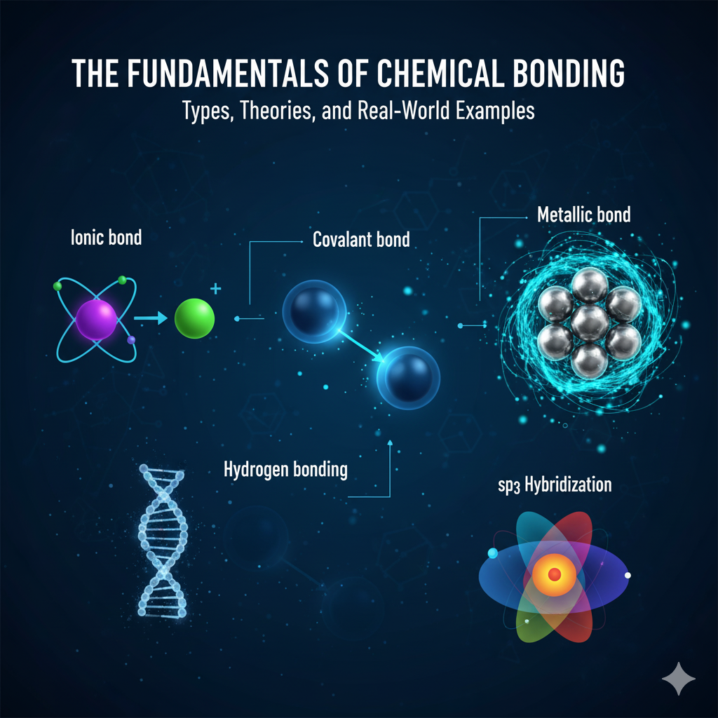 This image should be a captivating, high-level visual that introduces the concept of chemical bonding broadly, showing diverse elements coming together.