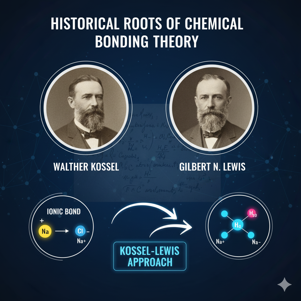 This section mentions Gilbert N. Lewis and Walther Kossel. An image showing their portraits with some conceptual elements of their theories would be perfect.