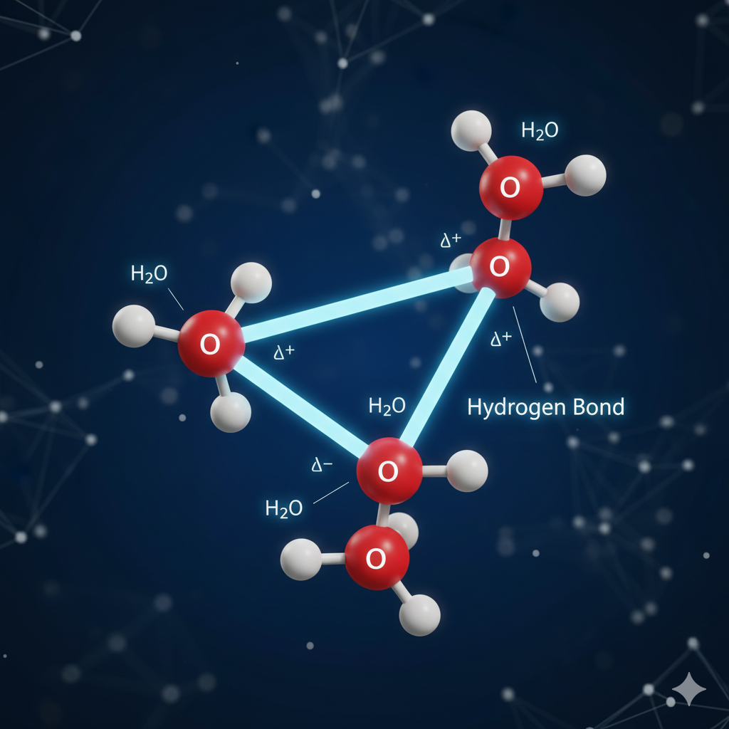 Diagram illustrating hydrogen bonding between water molecules.