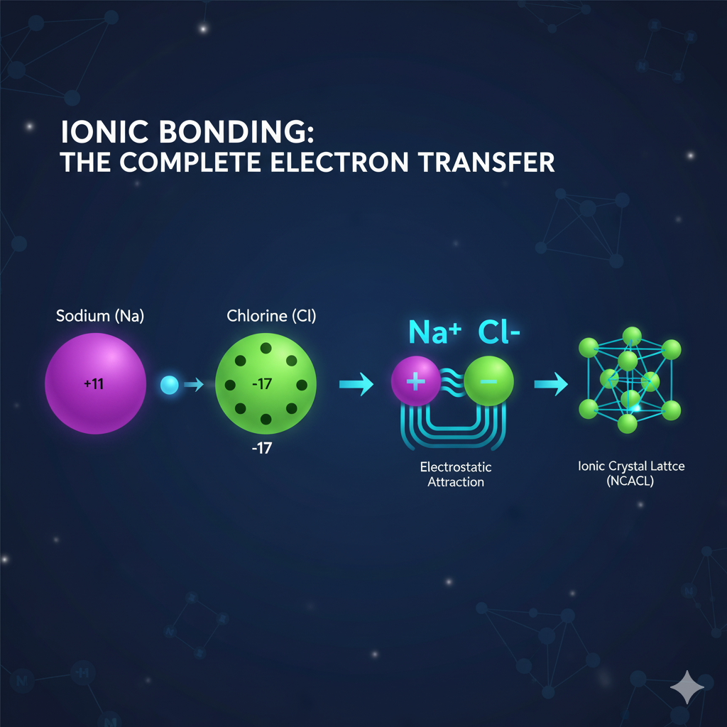 This section describes electron transfer. An image clearly depicting one atom giving an electron to another, forming distinct positive and negative ions, would be ideal.