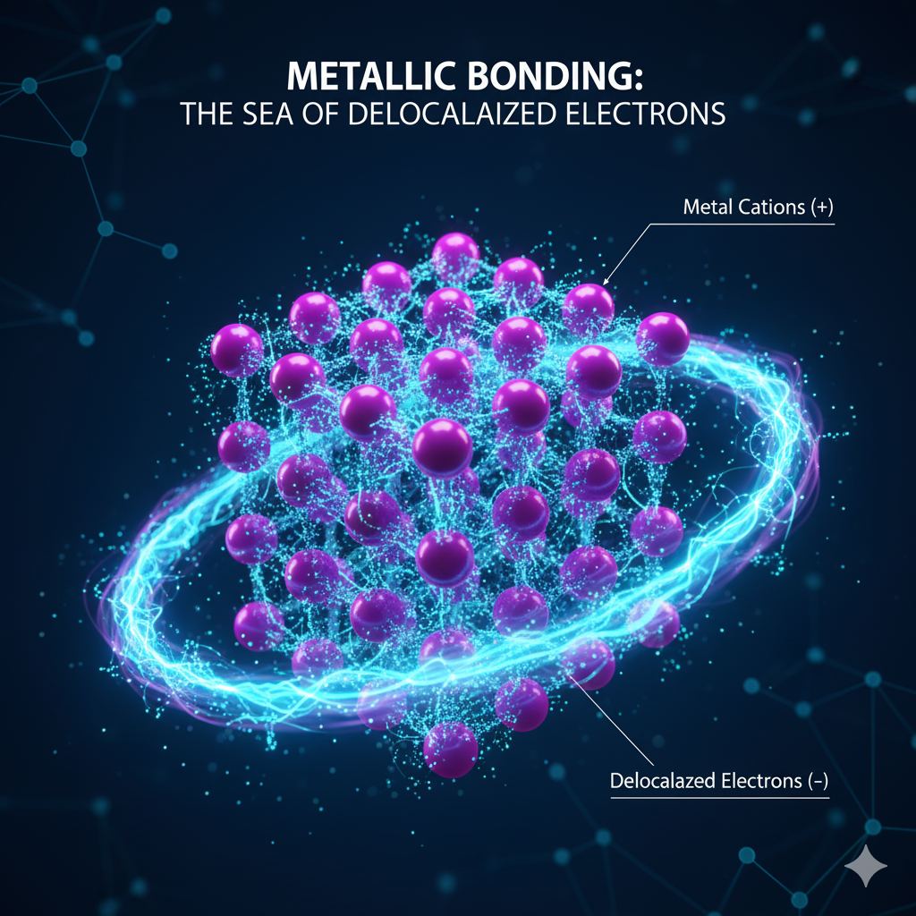 Diagram showing metal cations in a "sea" of delocalized electrons.