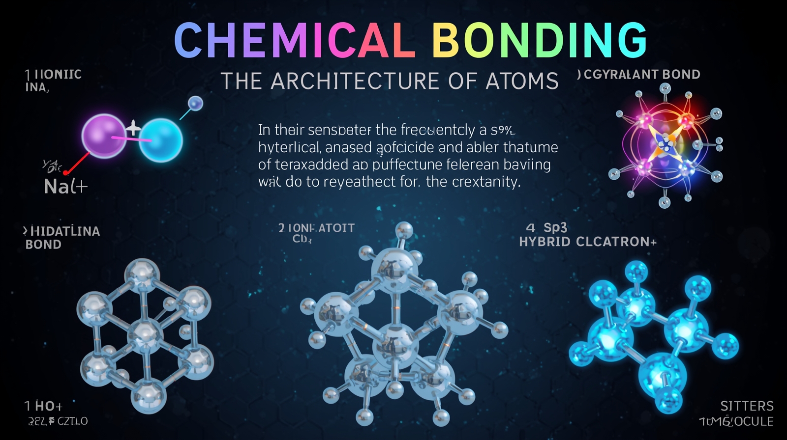 Visual guide to chemical bonding theories for students, including VSEPR, hybridization, and electron sharing diagrams.